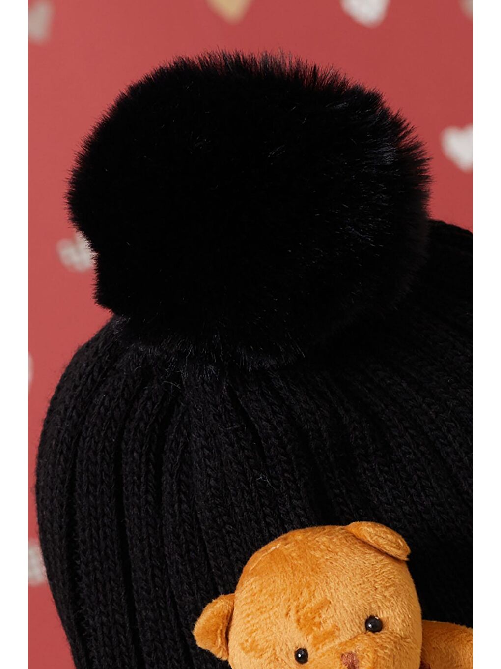 Siyah Sevimli Ayıcıklı Renkli Ponponlu Çocuk Bere 17235-1