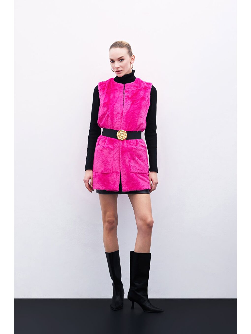 Cep Detaylı Pelüş Yelek - Fuşya-2