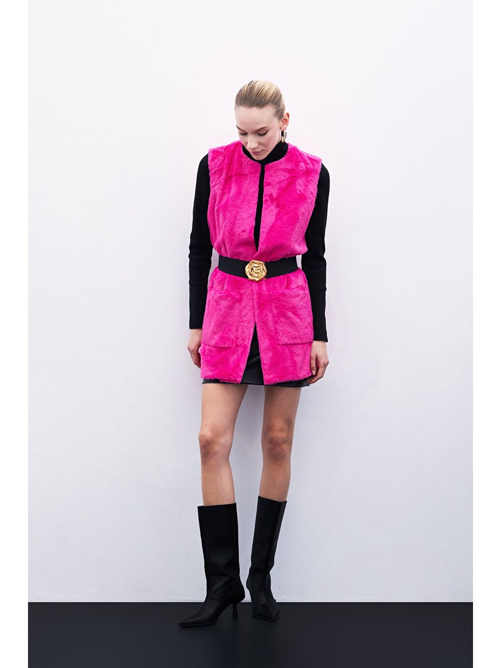 Cep Detaylı Pelüş Yelek - Fuşya-3