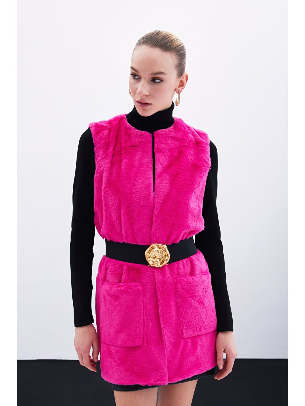 Cep Detaylı Pelüş Yelek - Fuşya-4