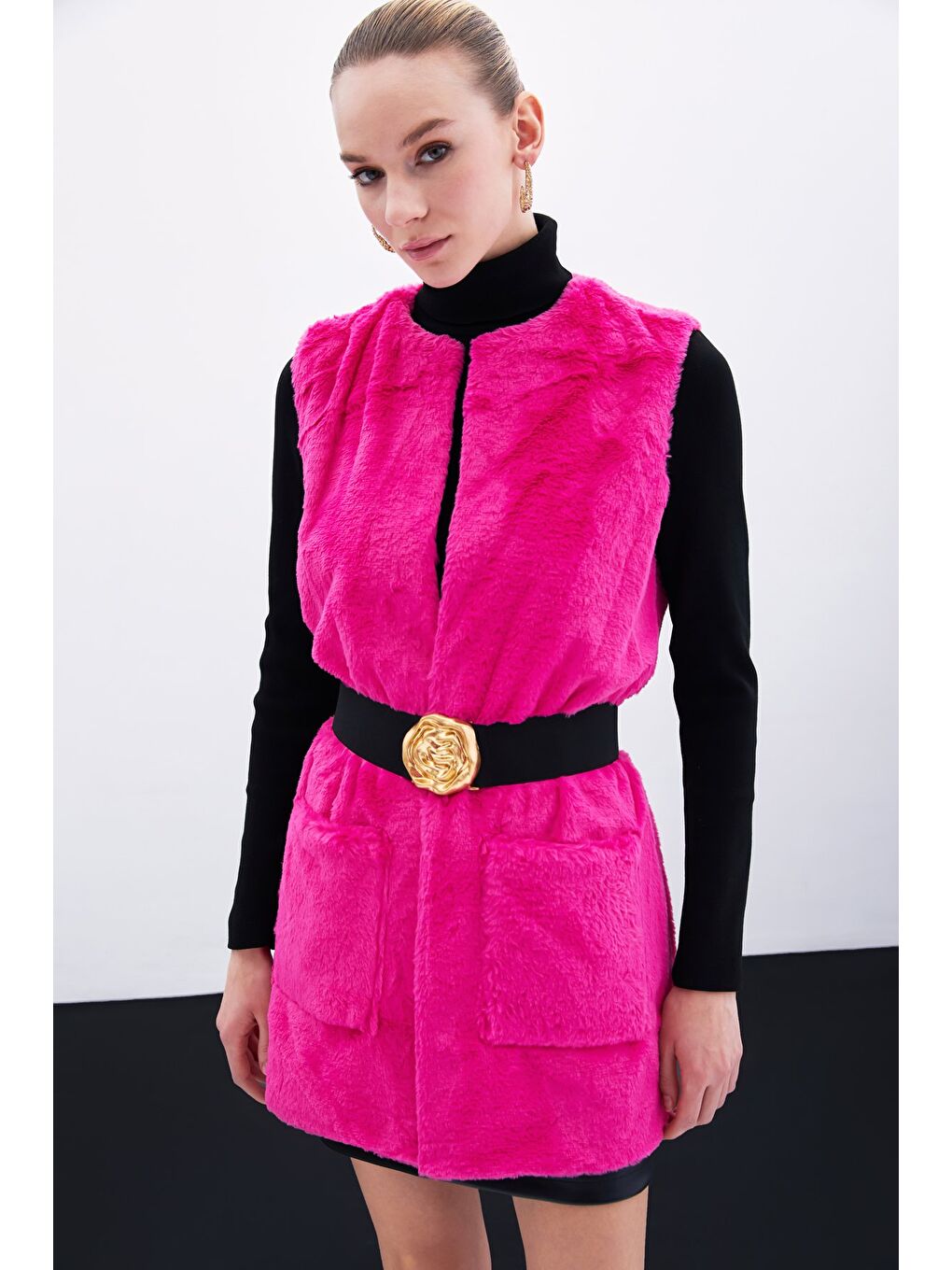 Cep Detaylı Pelüş Yelek - Fuşya-5