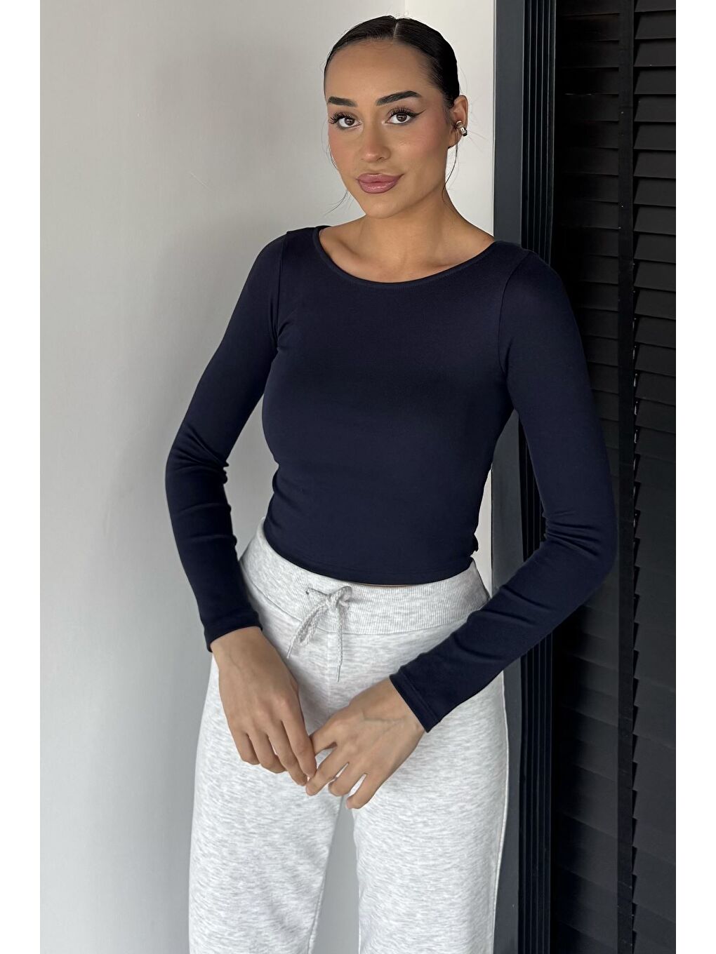 Lacivert Kadın Elastanlı Slim Fit Basic Body Bluz-1