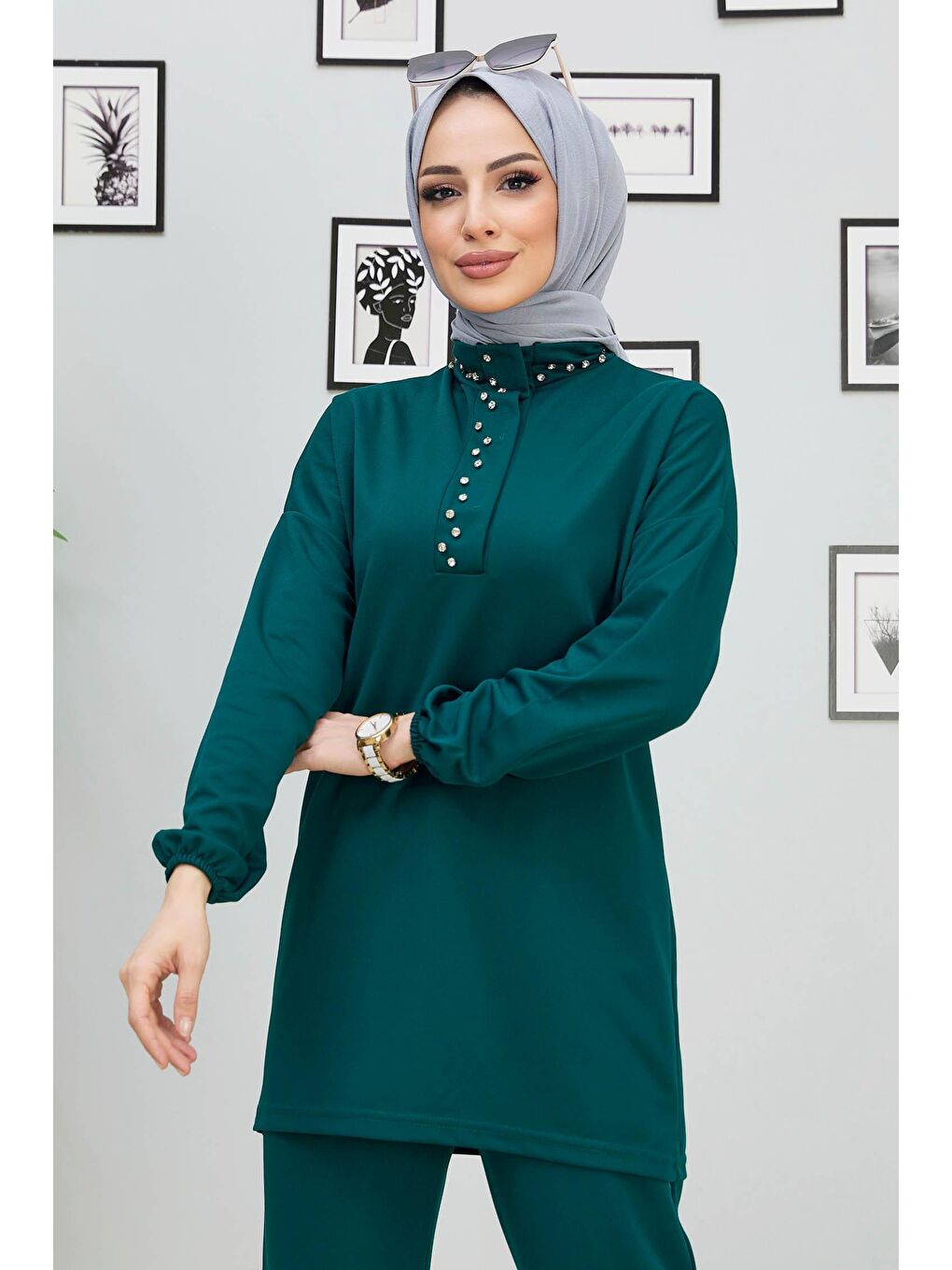 Hakim Yaka Kadın Yeşil Tunik+Pantolon - 11338-2