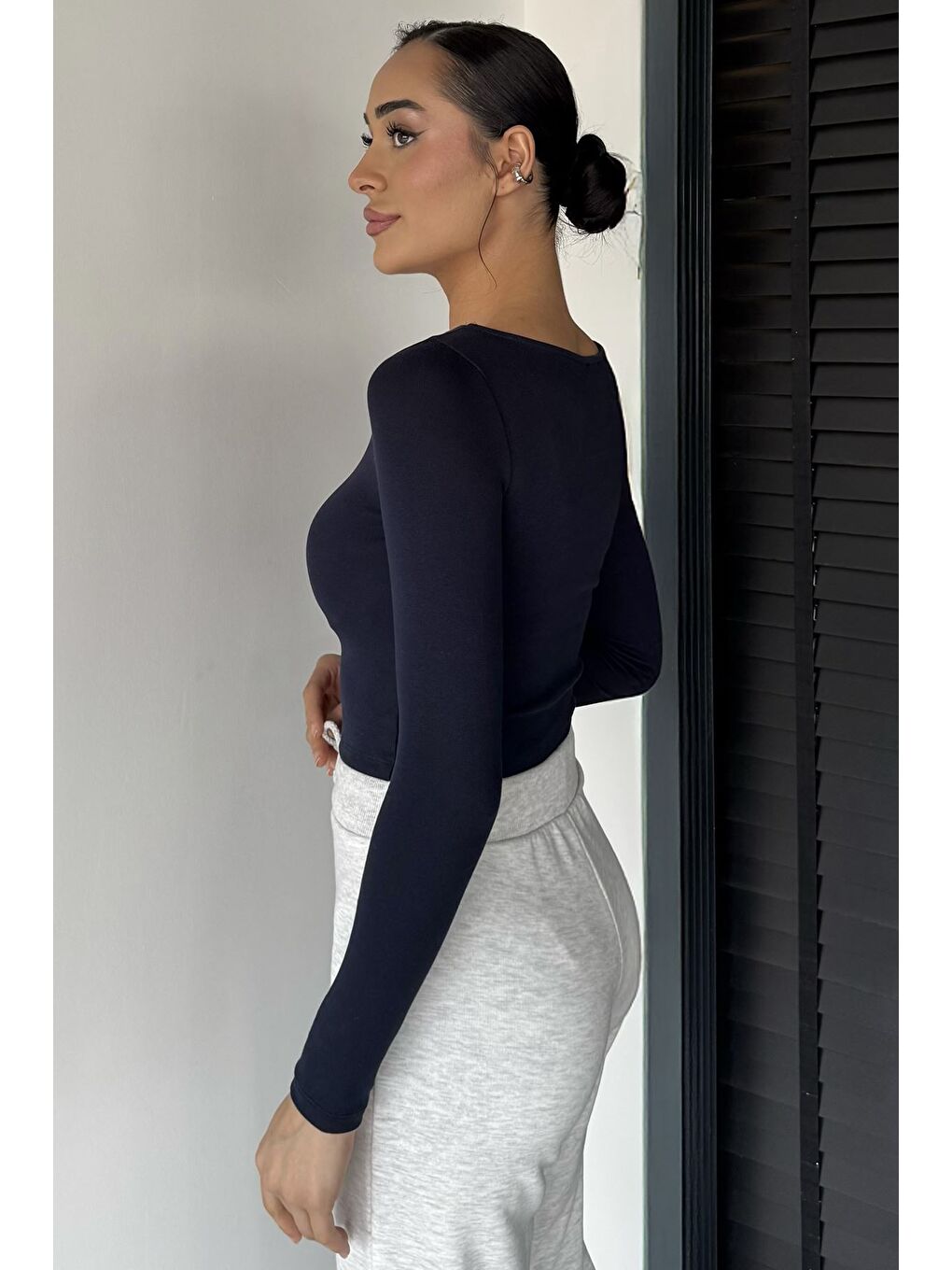 Lacivert Kadın Elastanlı Slim Fit Basic Body Bluz-3