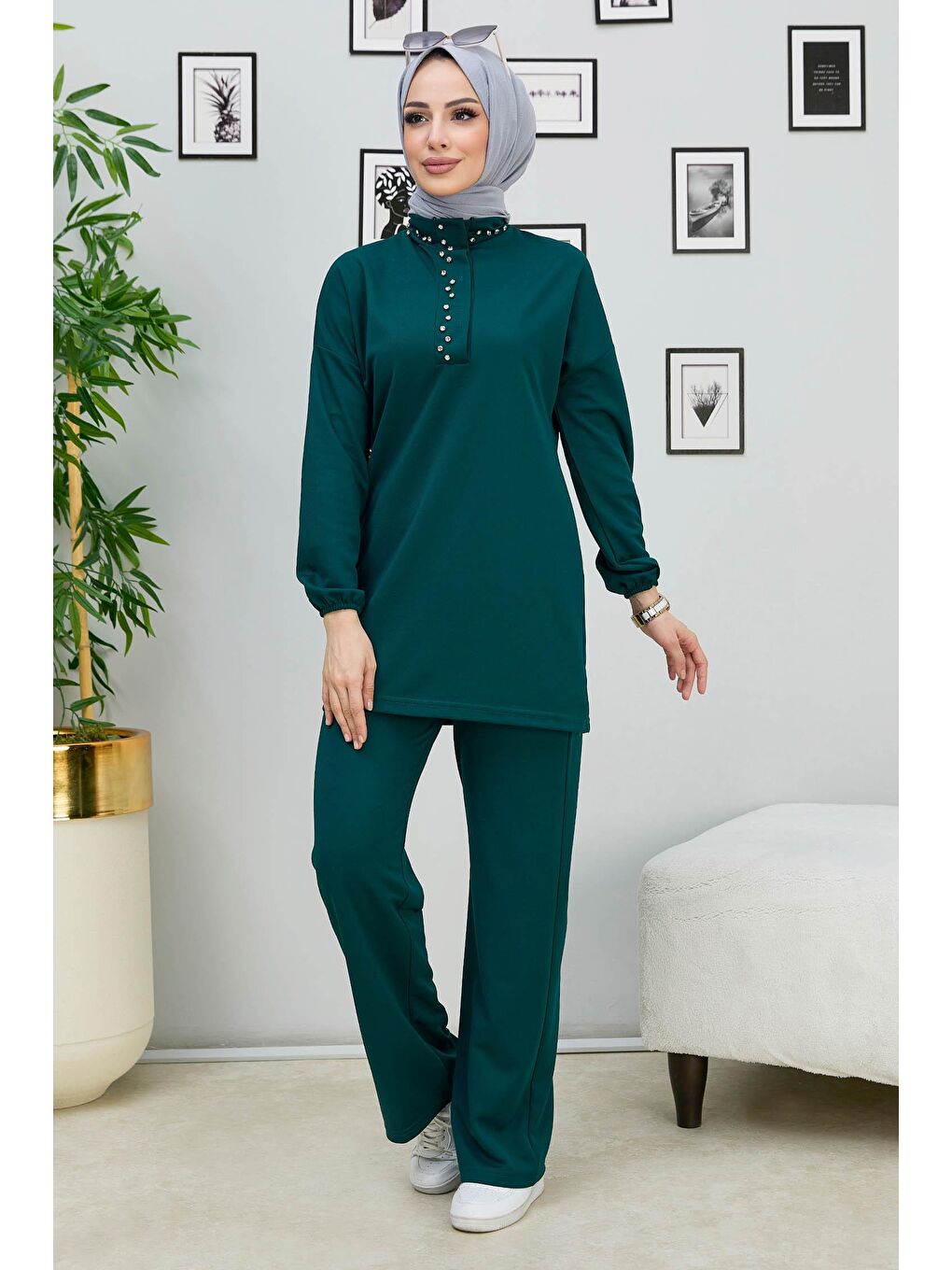 Hakim Yaka Kadın Yeşil Tunik+Pantolon - 11338-3