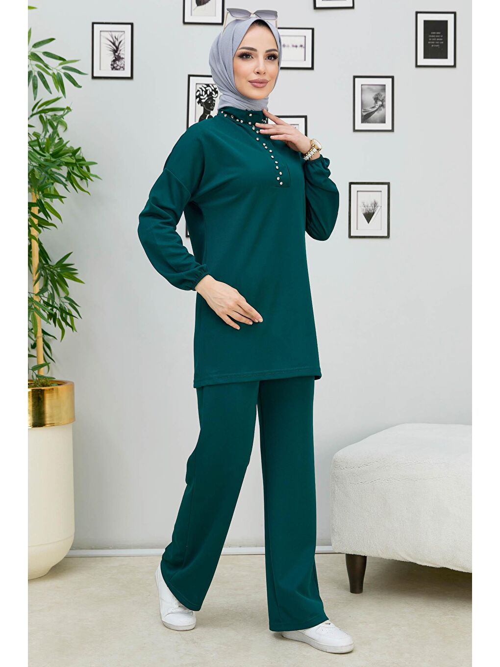 Hakim Yaka Kadın Yeşil Tunik+Pantolon - 11338-4