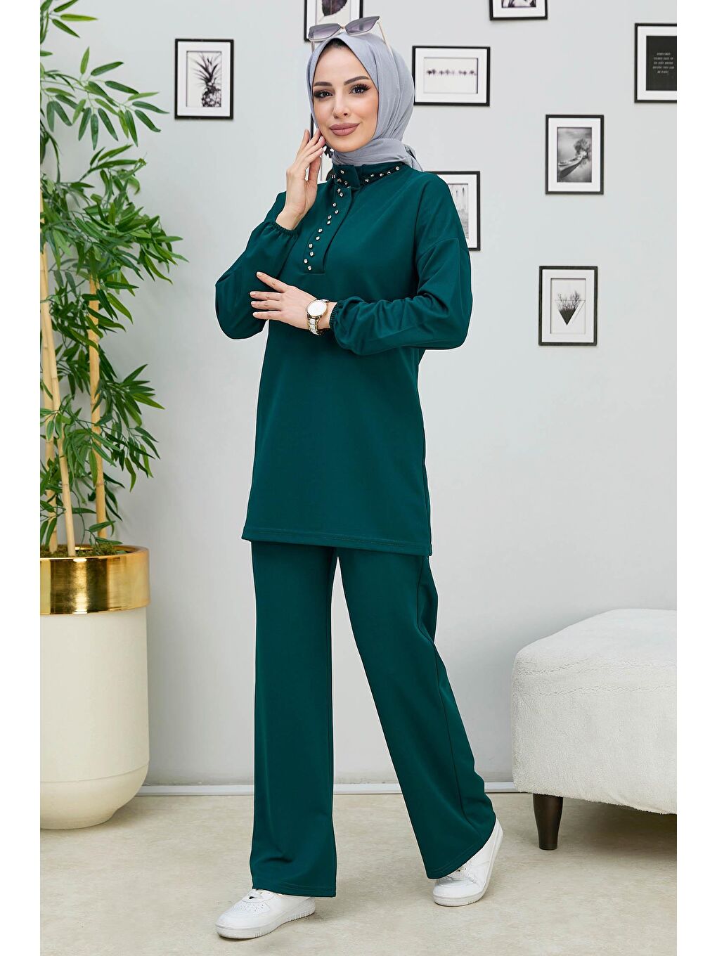 Hakim Yaka Kadın Yeşil Tunik+Pantolon - 11338-5