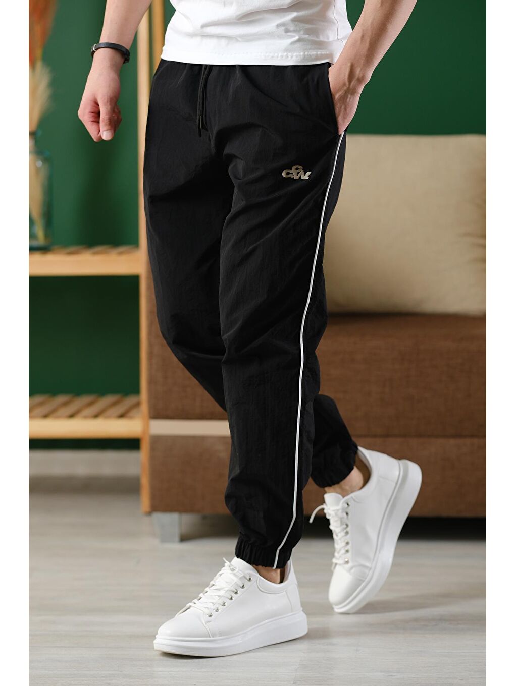 Siyah Ccw Paçası Lastikli Kort Paraşüt Şeritli Outdoor Erkek Eşofman Alt