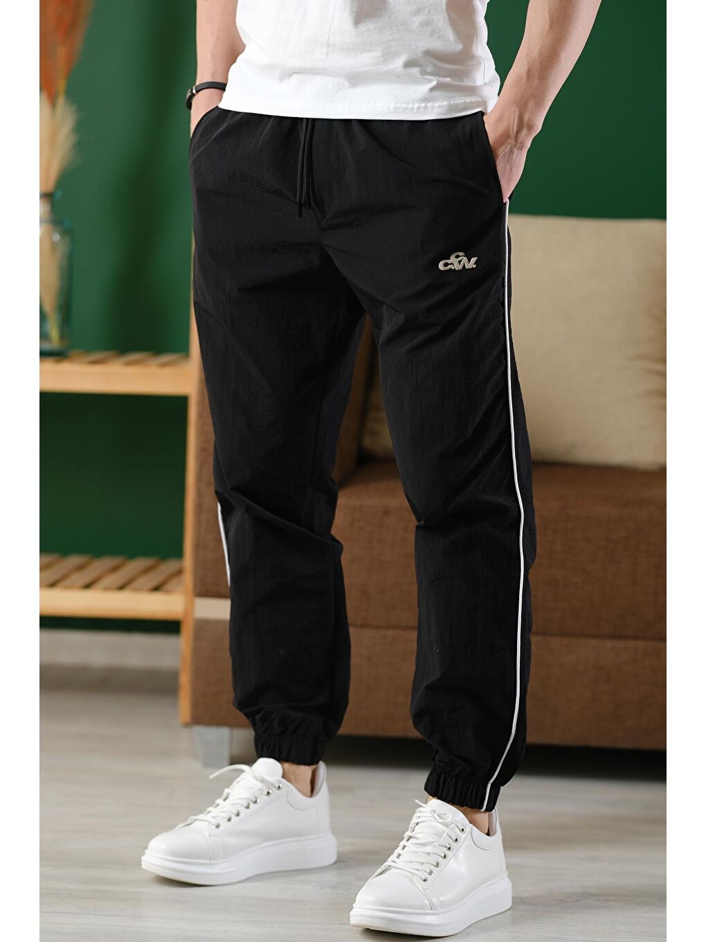 Siyah Ccw Paçası Lastikli Kort Paraşüt Şeritli Outdoor Erkek Eşofman Alt-1