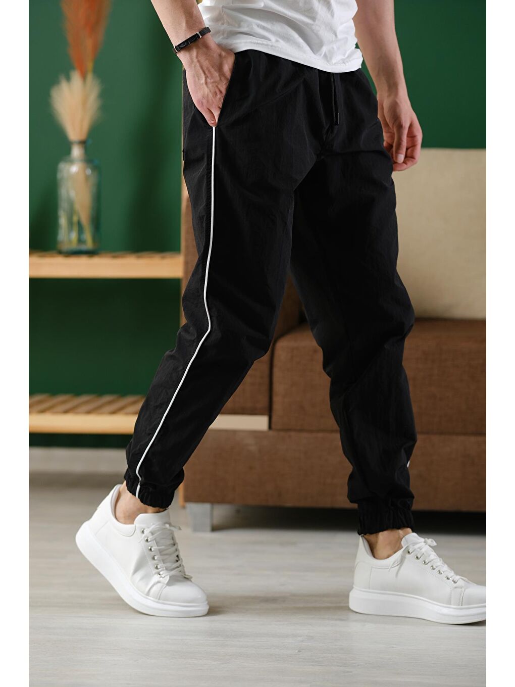 Siyah Ccw Paçası Lastikli Kort Paraşüt Şeritli Outdoor Erkek Eşofman Alt-2