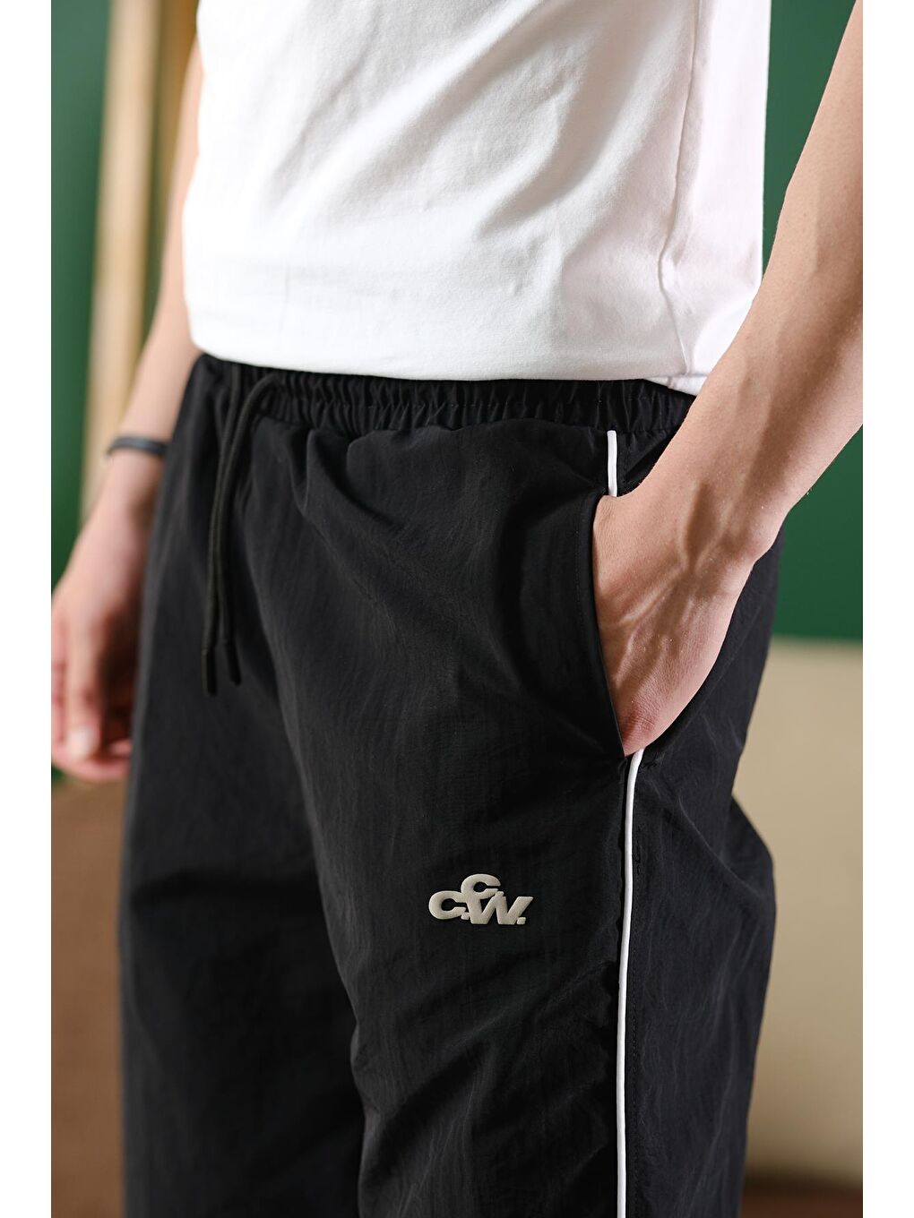 Siyah Ccw Paçası Lastikli Kort Paraşüt Şeritli Outdoor Erkek Eşofman Alt-3