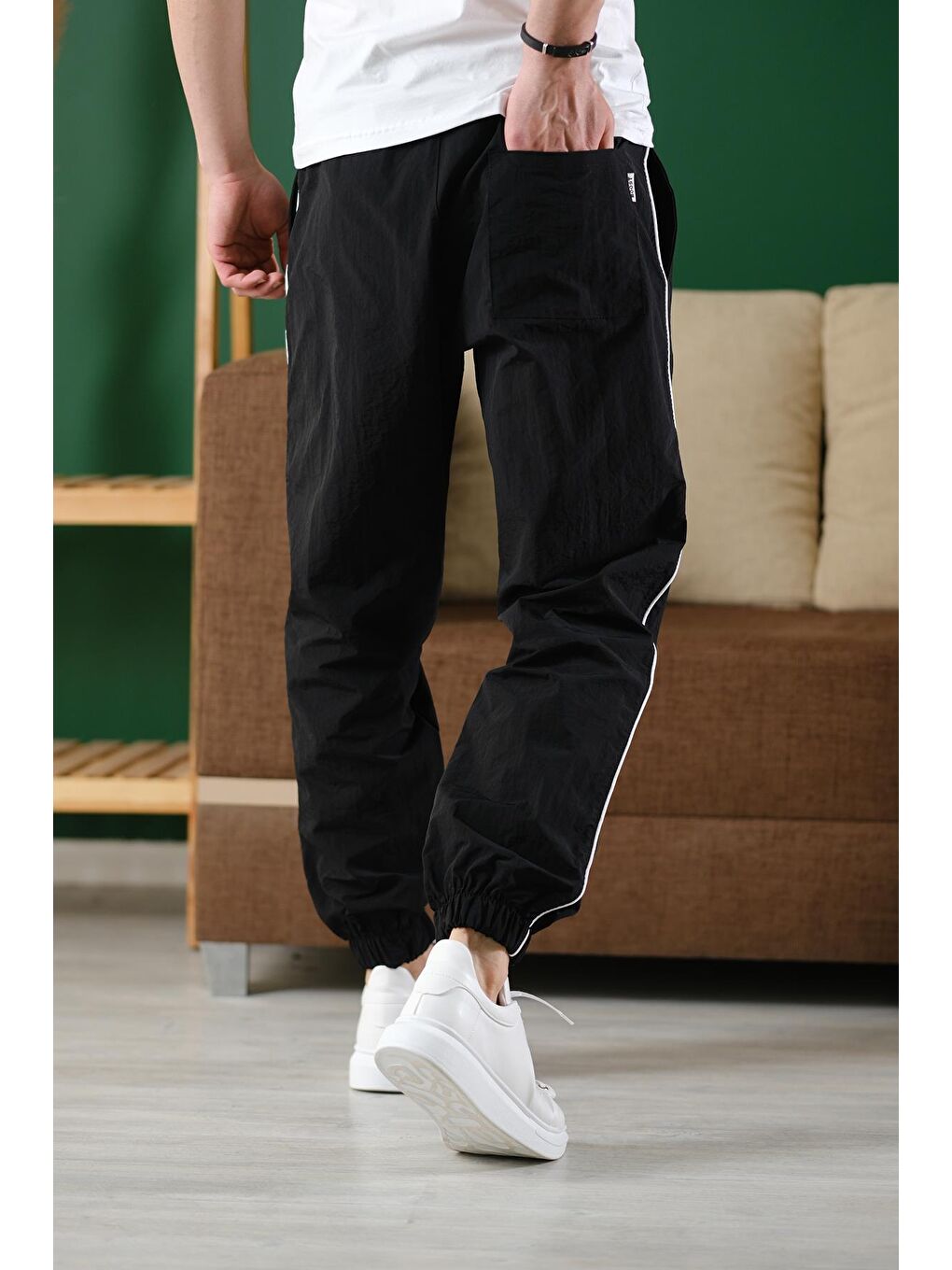 Siyah Ccw Paçası Lastikli Kort Paraşüt Şeritli Outdoor Erkek Eşofman Alt-4