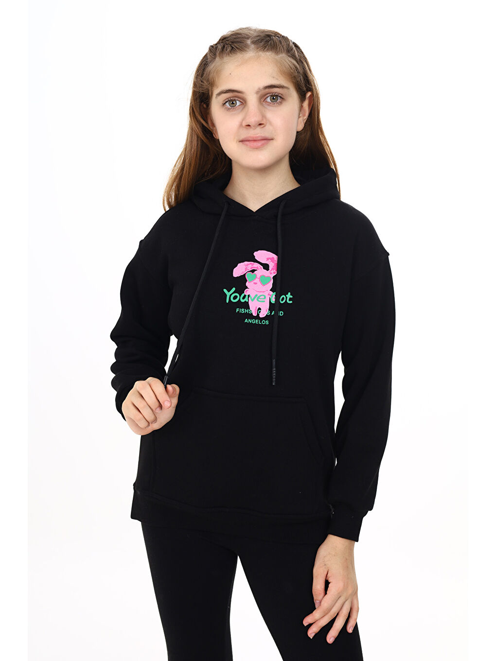 angelos Siyah Kız Çocuk Tavşan Baskılı Kapüşonlu Sweatshirt Px872 5