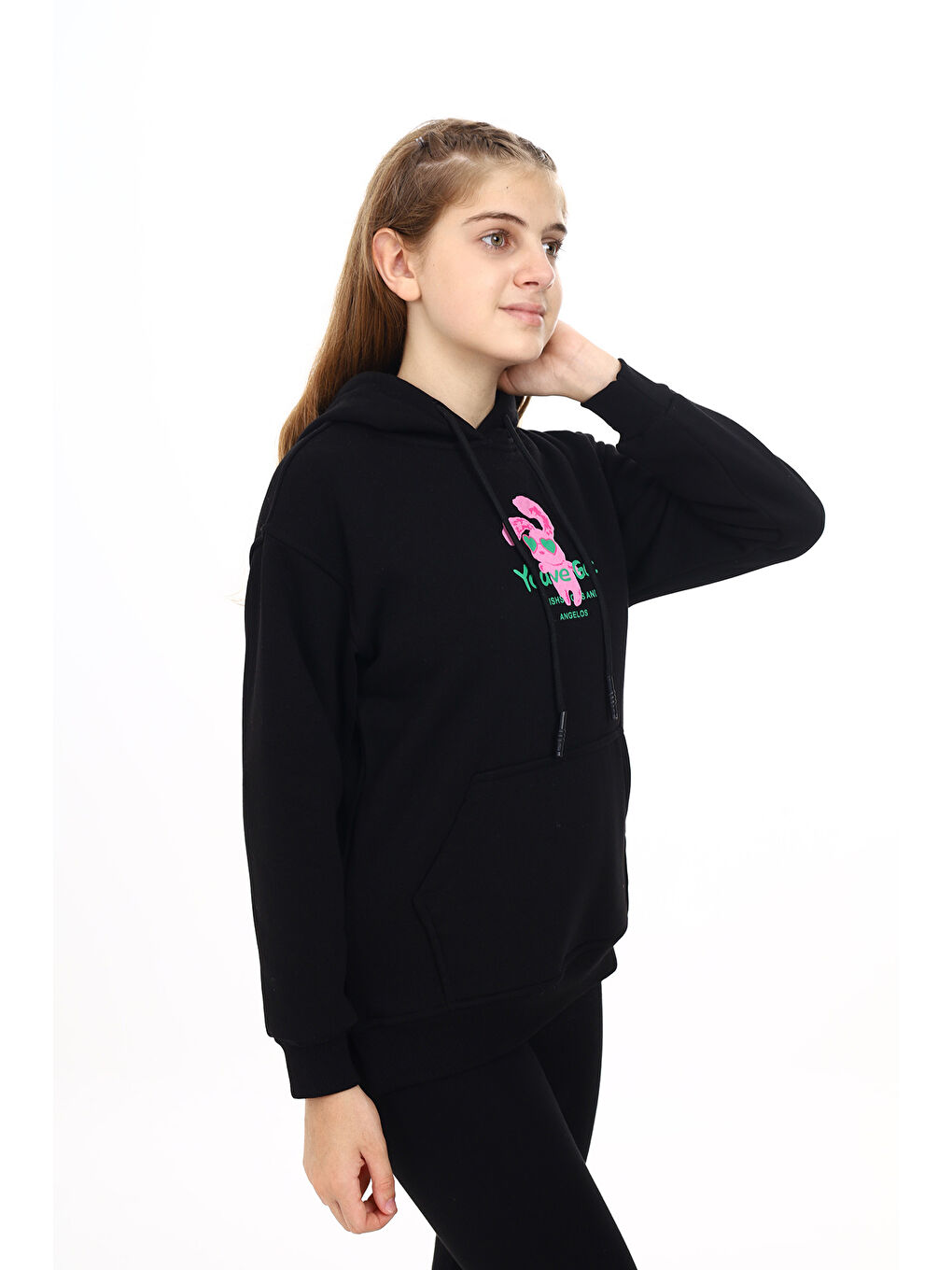 angelos Siyah Kız Çocuk Tavşan Baskılı Kapüşonlu Sweatshirt Px872 5 - 2