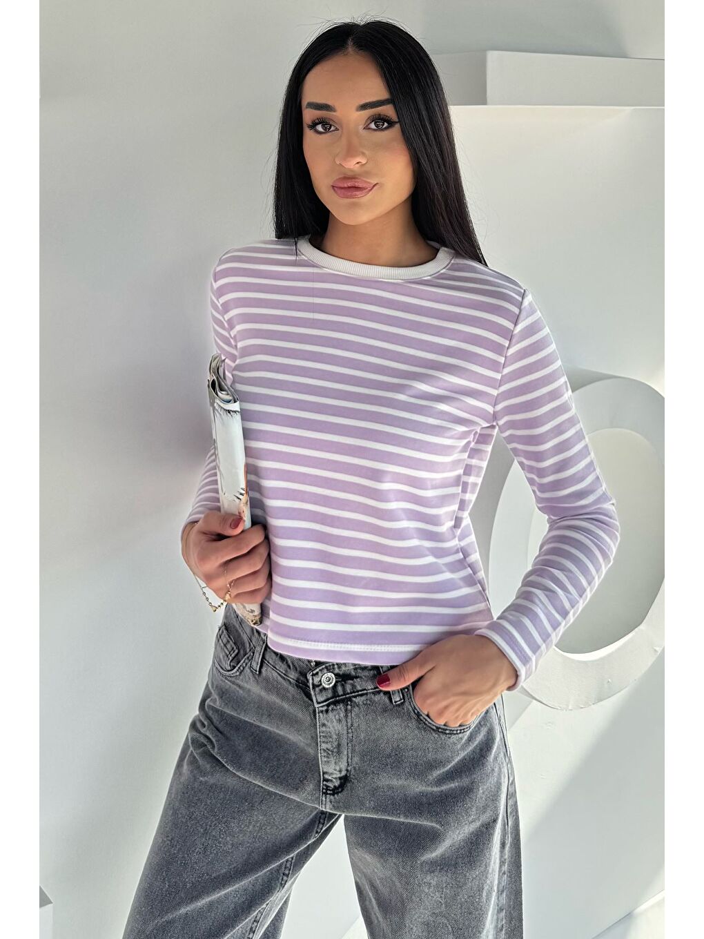 Lila Kadın Bisiklet Yaka Çizgi Desenli Sweatshirt-1