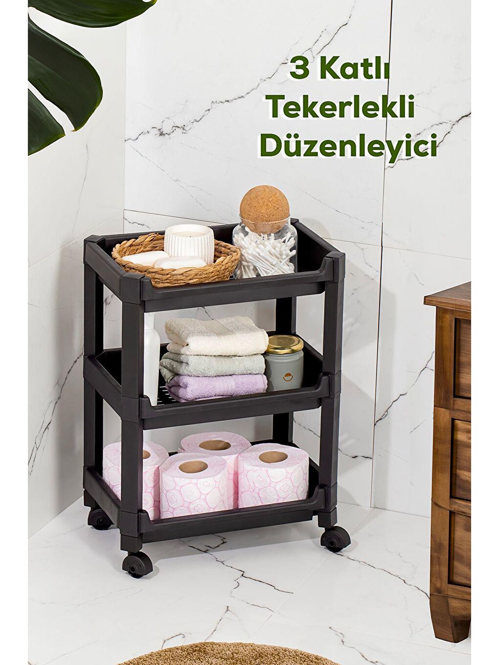 Porsima Siyah RAFTY-73-ECO-1 Tekerlekli 4 Katlı Düzenleyici- Banyo Mutfak Organizer Raf - 35,5 x 22 x 48 cm- Siyah