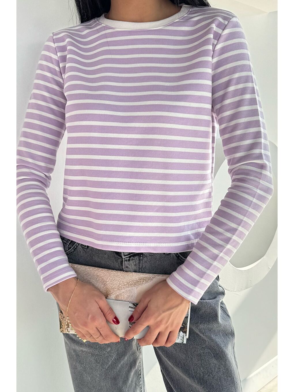 Lila Kadın Bisiklet Yaka Çizgi Desenli Sweatshirt-2