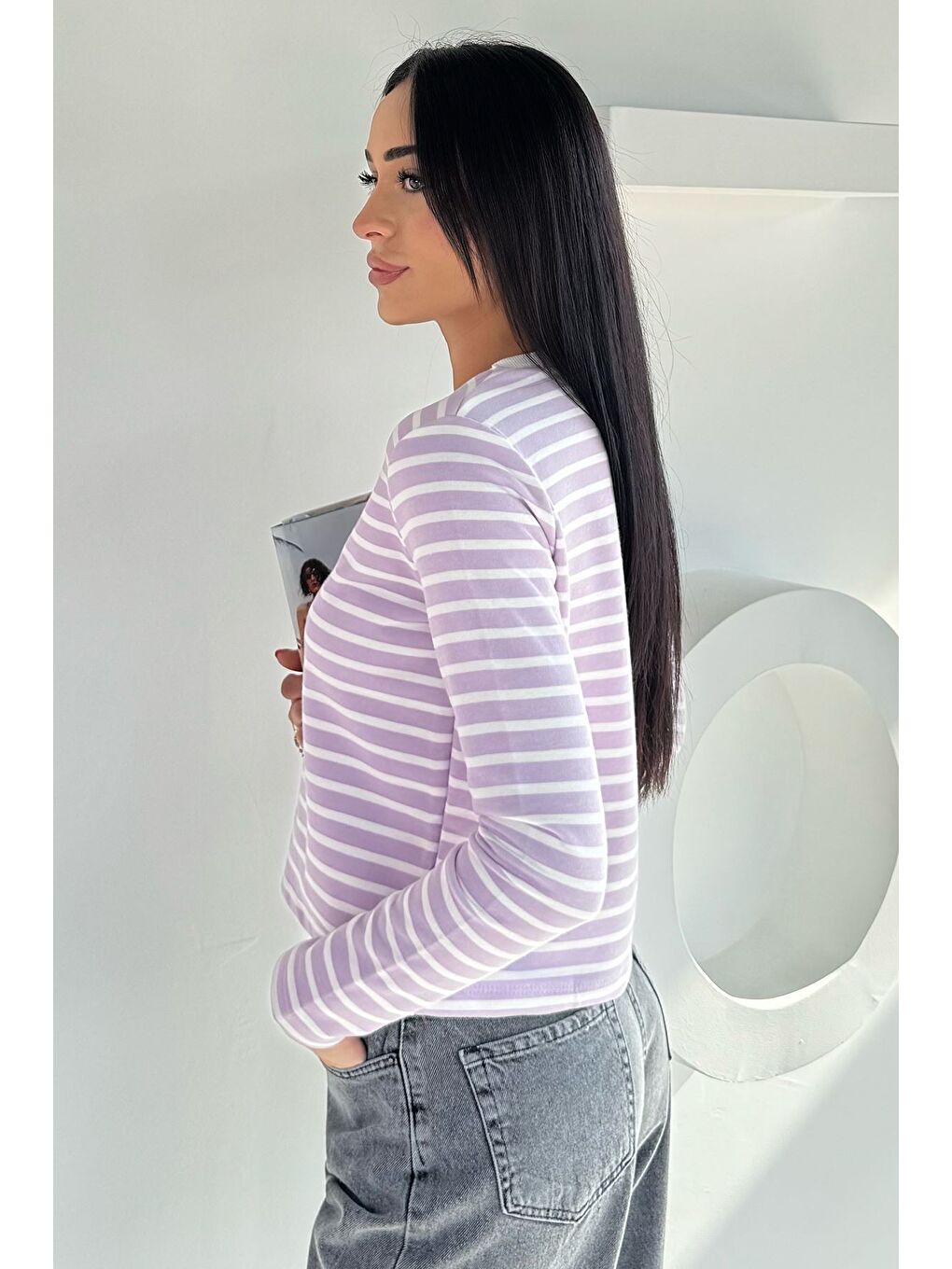 Lila Kadın Bisiklet Yaka Çizgi Desenli Sweatshirt-3