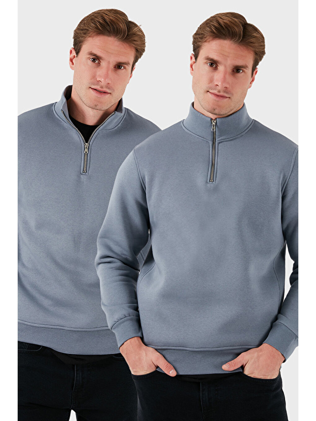 Gri Pamuklu Regular Fit Dik Yaka 2'li Paket Sweat 59052592S2