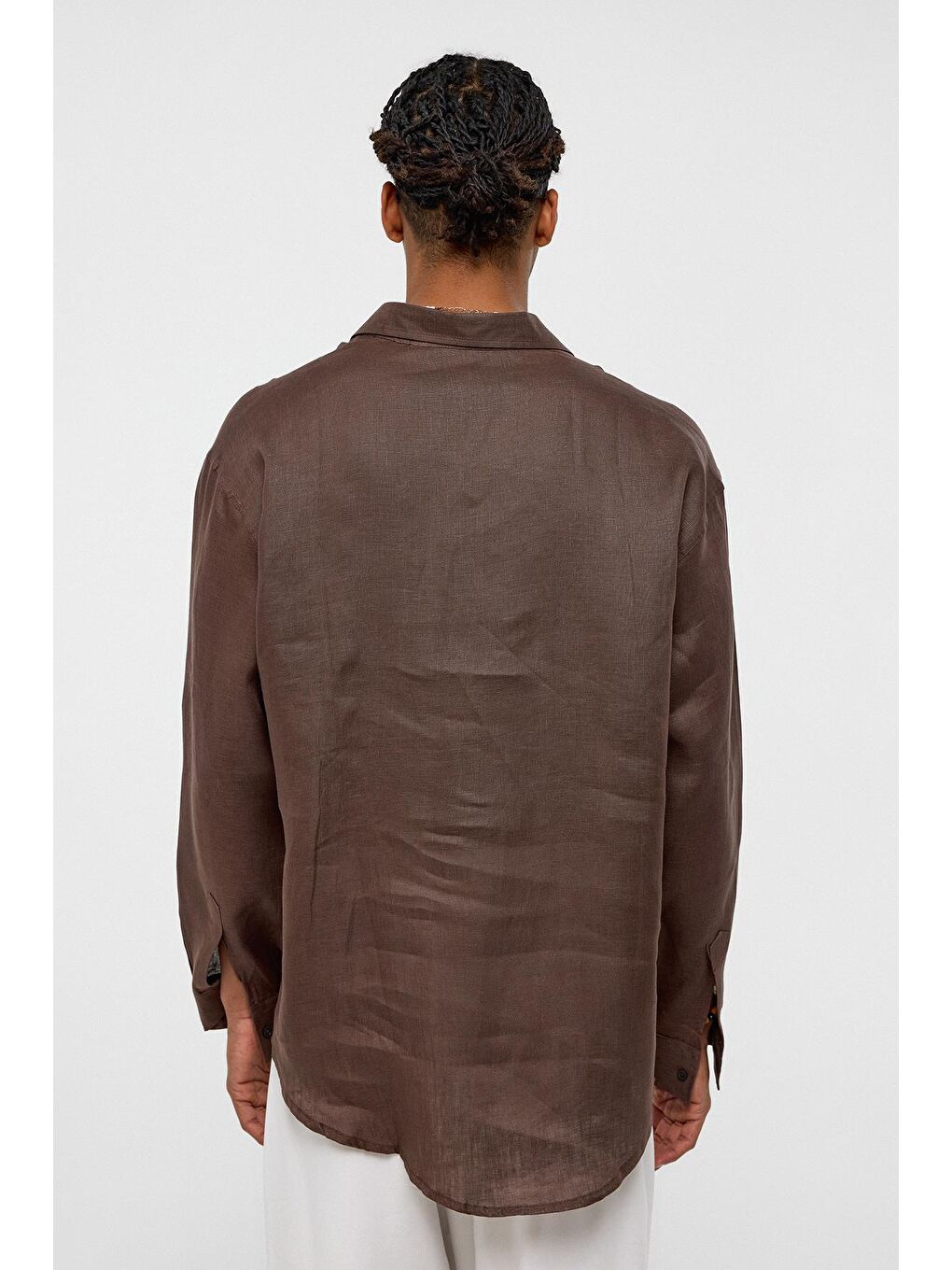 Kahverengi %100 Keten Oversize Uzun Kollu Gömlek Kahve-2