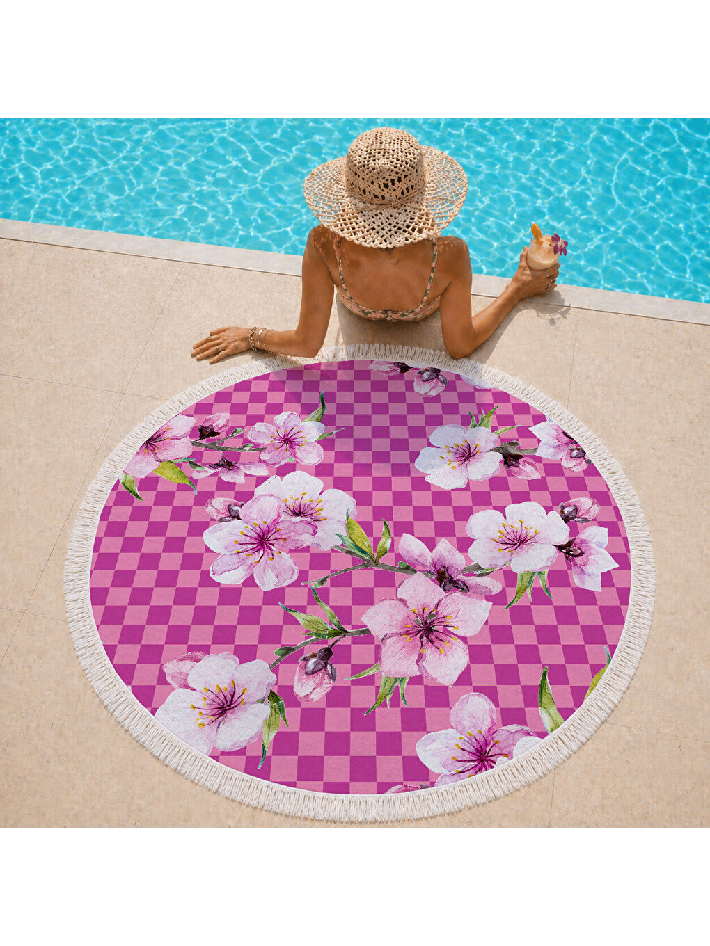 Karışık Pembe Dama Zeminli Hibiskus Çiçeği Desenli 150 cm Yuvarlak Plaj Havlusu-1