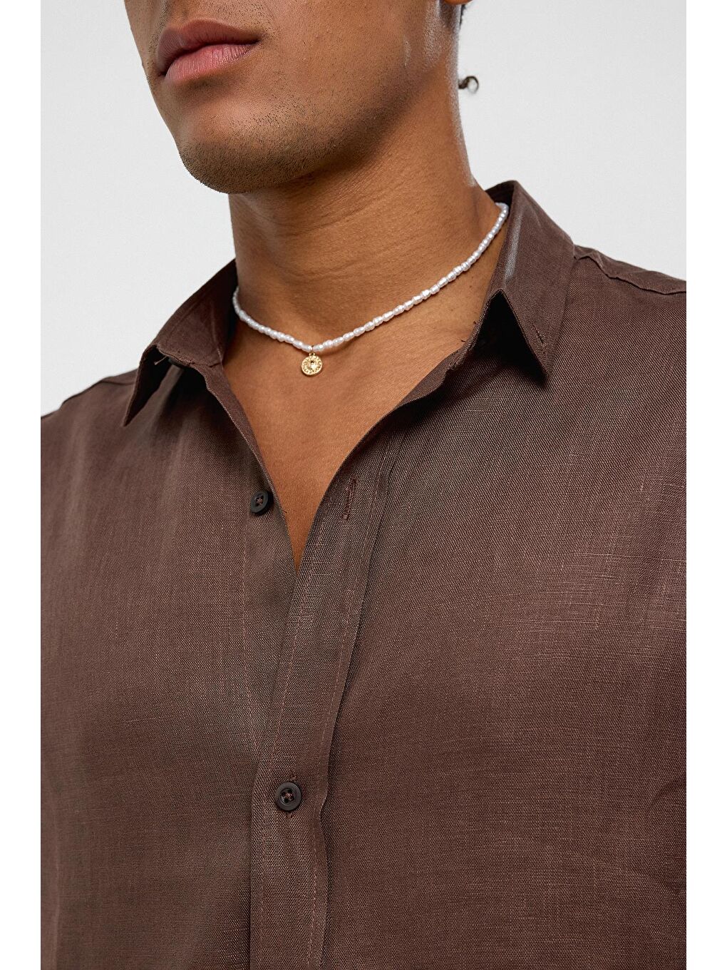 Kahverengi %100 Keten Oversize Uzun Kollu Gömlek Kahve-3