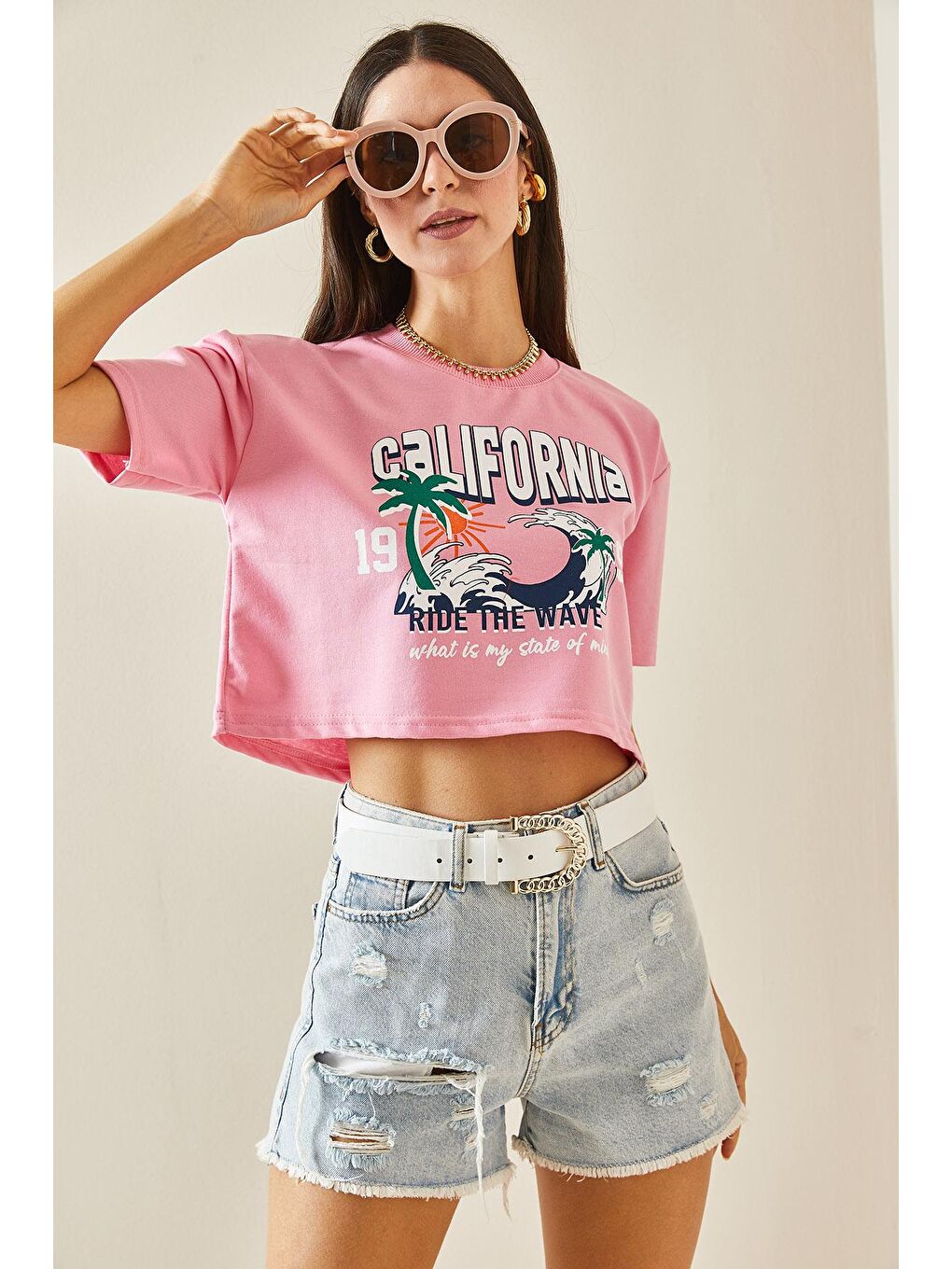 XHAN Pembe Baskılı Bisiklet Yaka Crop T-Shirt 5YXK1-48565-20 - 1