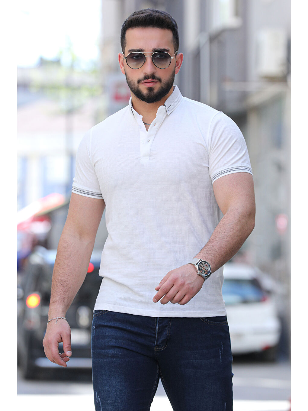 Ekru Polo Yaka Ön Düğmeli Desenli Elastanlı Erkek Tişört-1