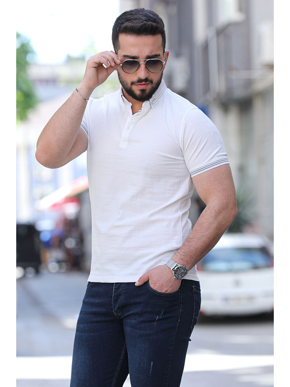 Ekru Polo Yaka Ön Düğmeli Desenli Elastanlı Erkek Tişört-2