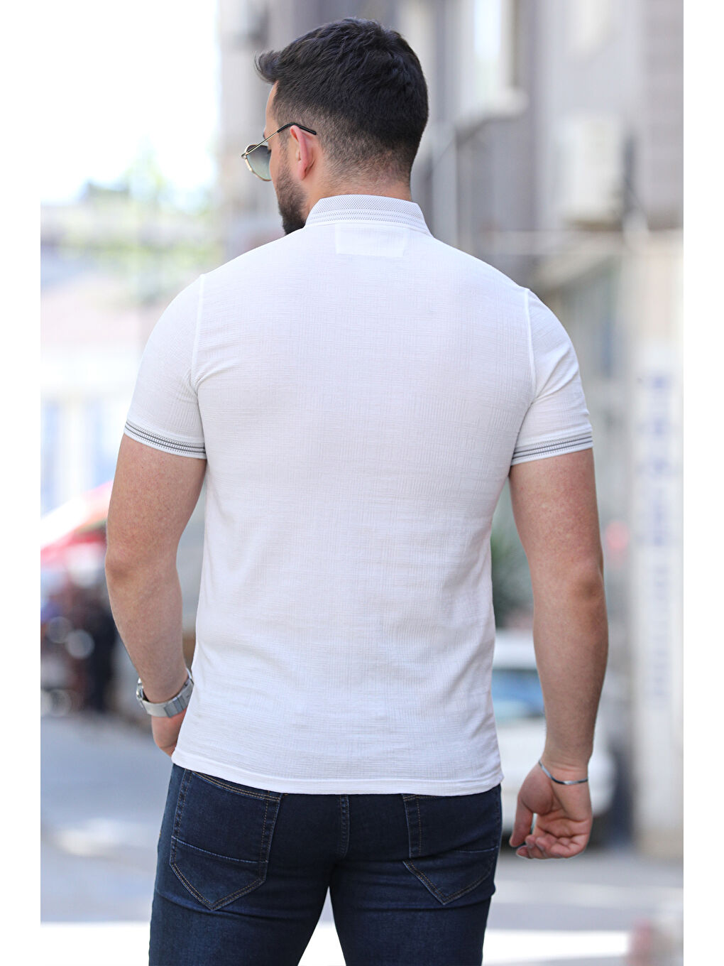 Ekru Polo Yaka Ön Düğmeli Desenli Elastanlı Erkek Tişört-3