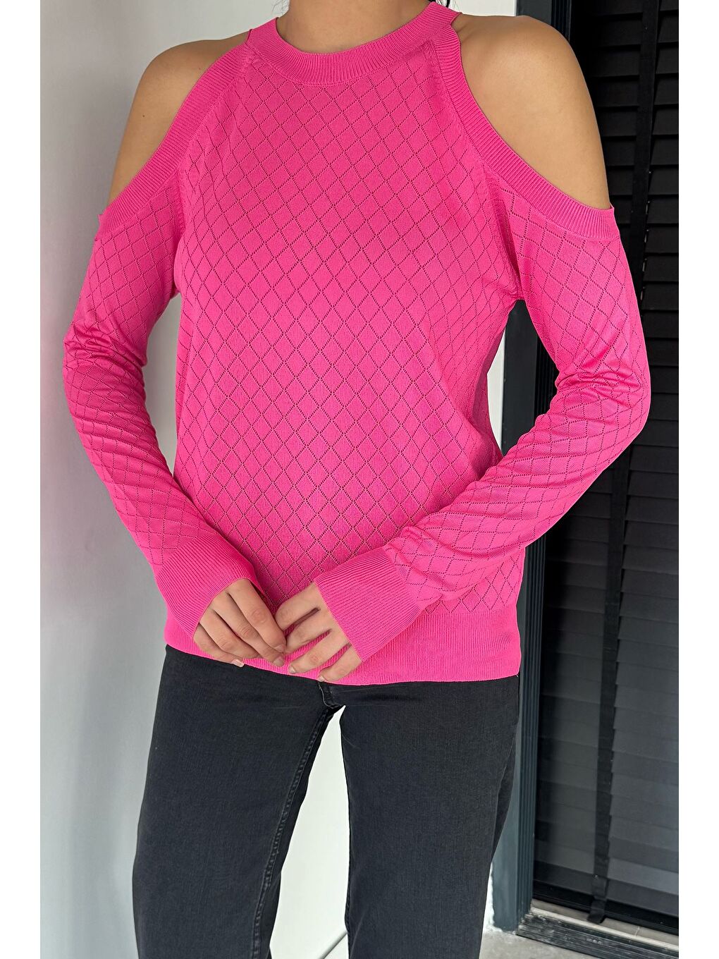 Fuşya Omuz Dekolteli Kadın Triko Bluz-1