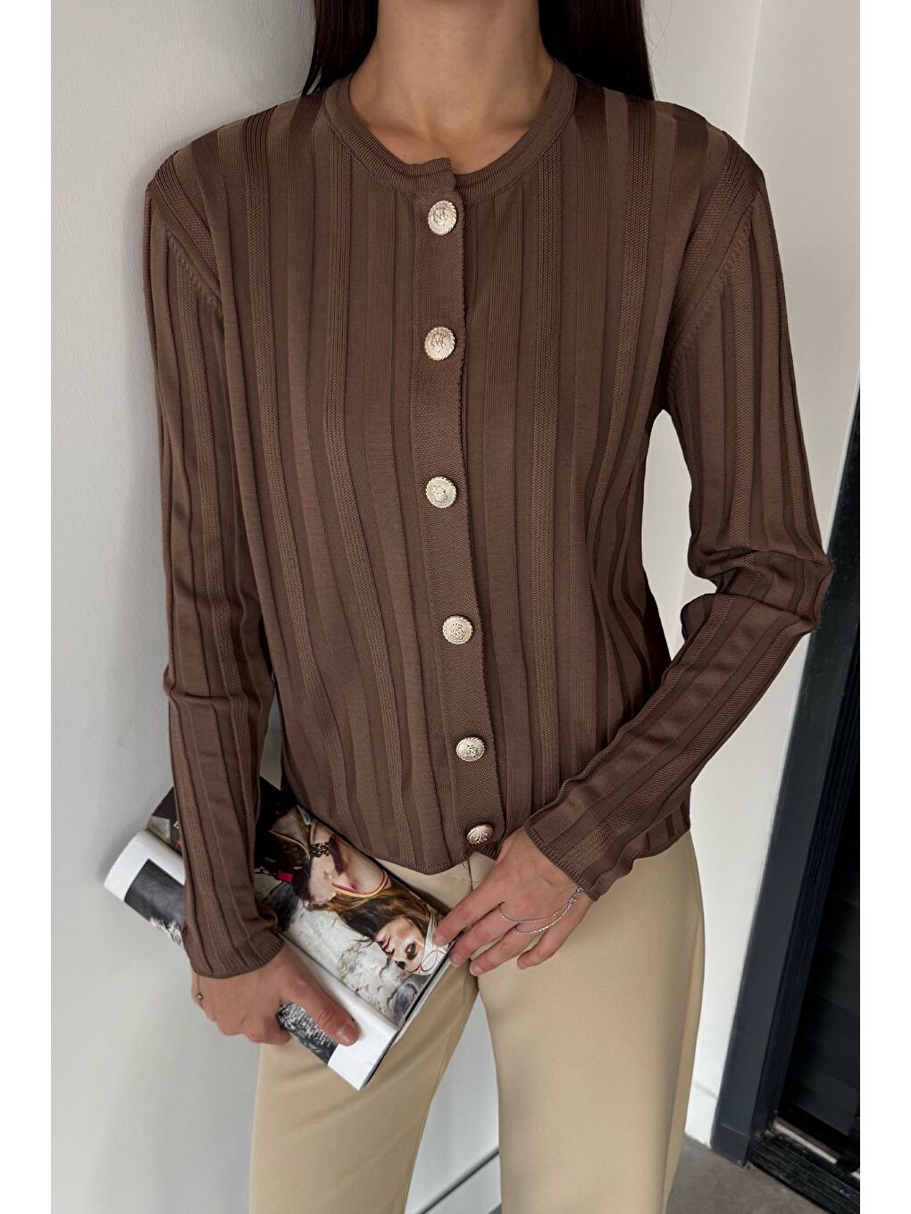 Ekru Kadın Düğme Detaylı Triko Hırka (m-l-xl Uyumludur)