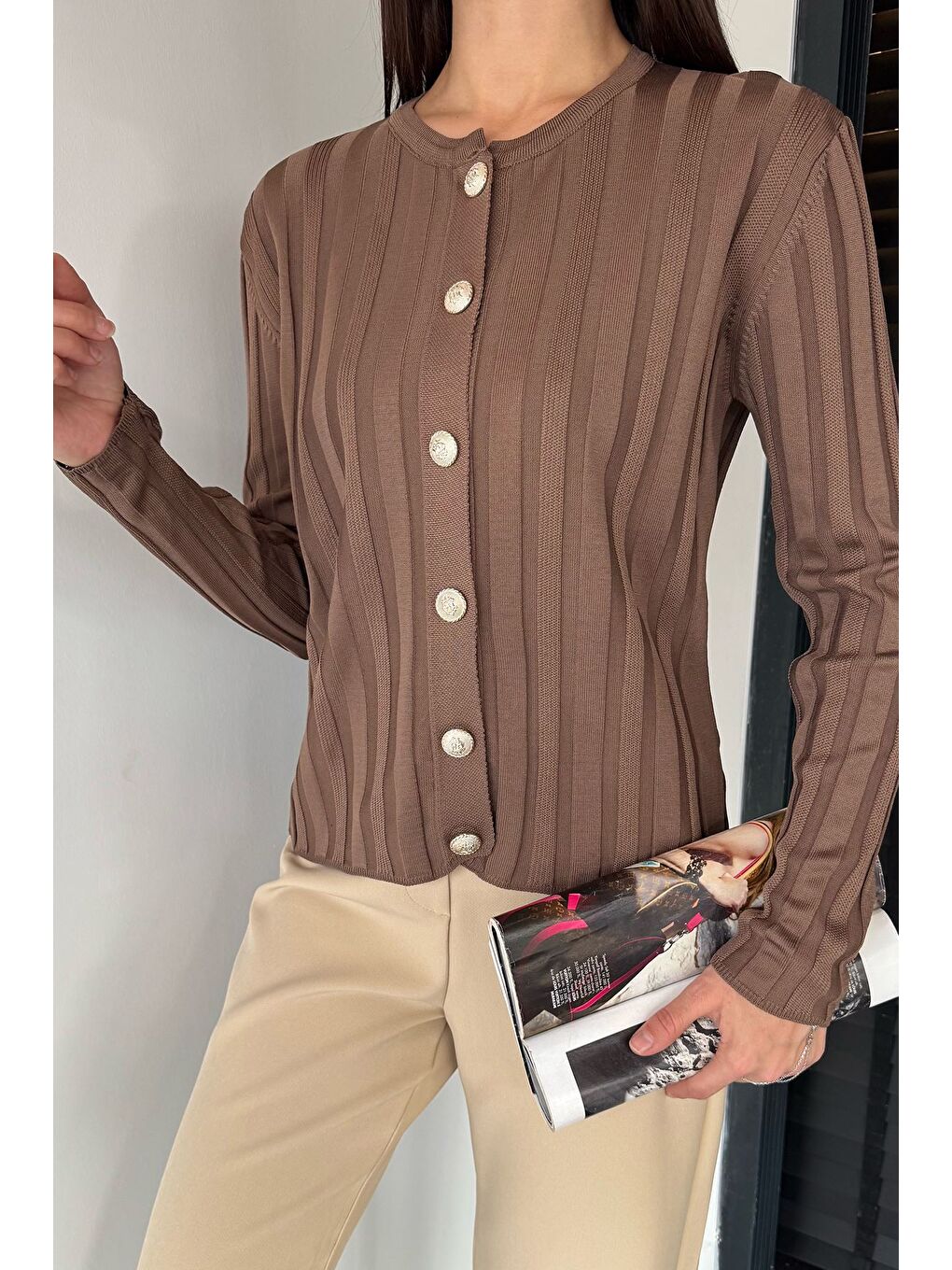 Ekru Kadın Düğme Detaylı Triko Hırka (m-l-xl Uyumludur)-1