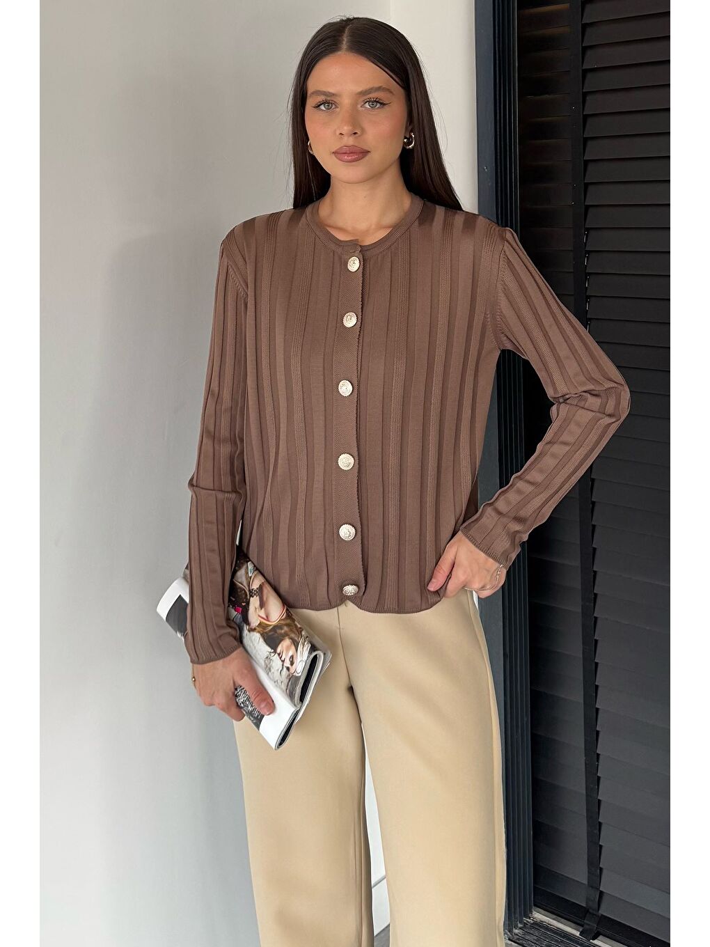 Ekru Kadın Düğme Detaylı Triko Hırka (m-l-xl Uyumludur)-2