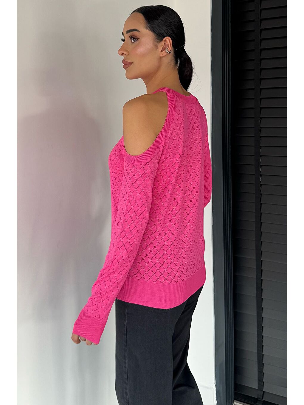 Fuşya Omuz Dekolteli Kadın Triko Bluz-3