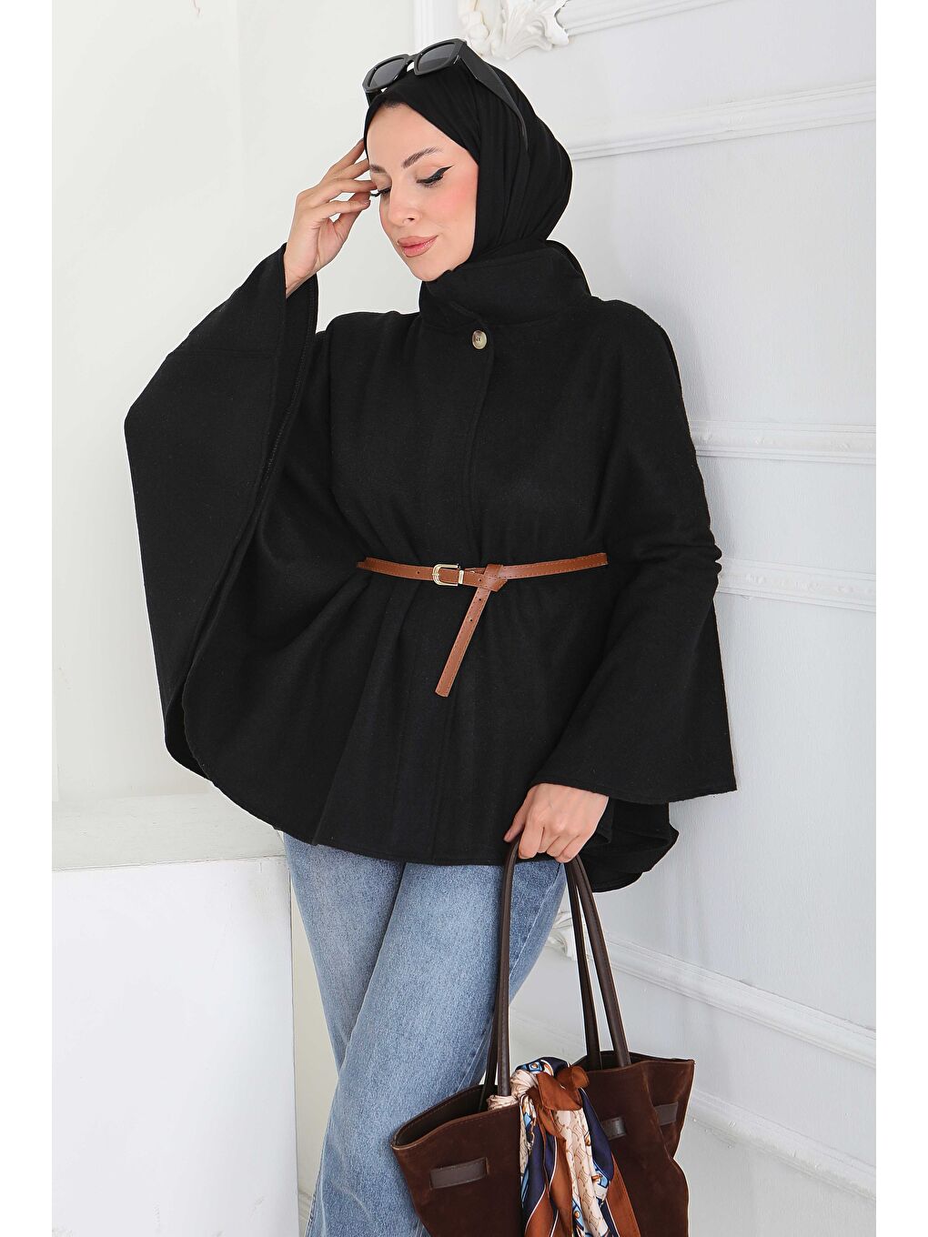 Tek Düğmeli Kemerli Kaşe Panço Siyah - 27918-SIYAH