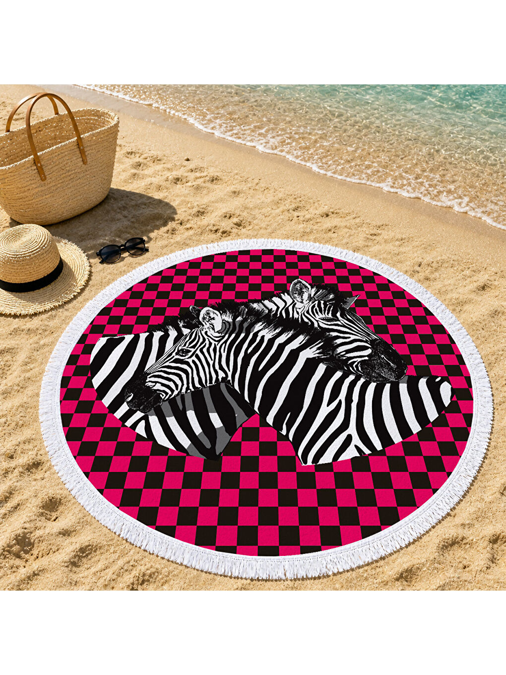 Karışık Kırmızı Dama Zeminli Zebra Desenli 150 cm Yuvarlak Plaj Havlusu
