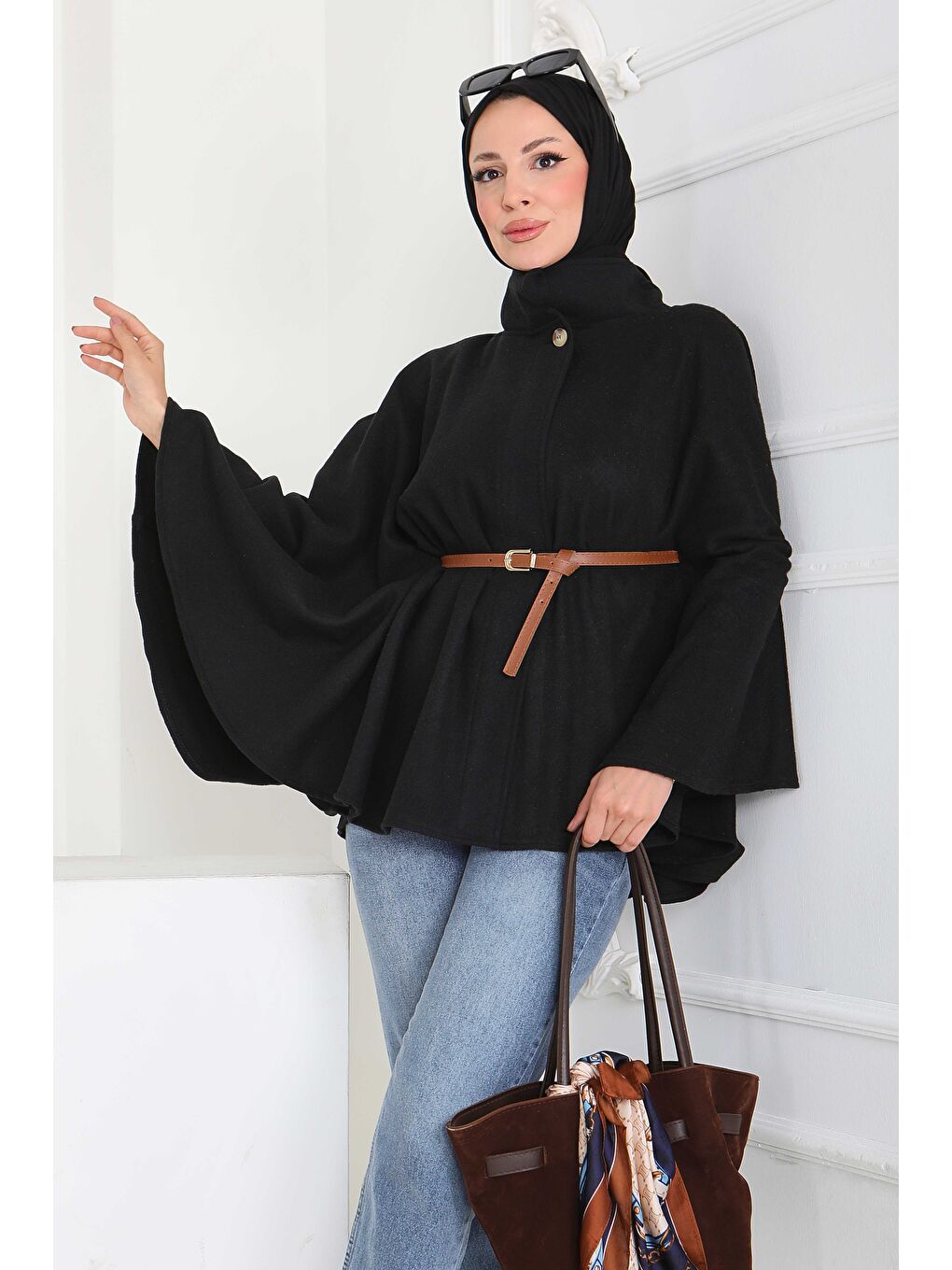 Tek Düğmeli Kemerli Kaşe Panço Siyah - 27918-SIYAH-3