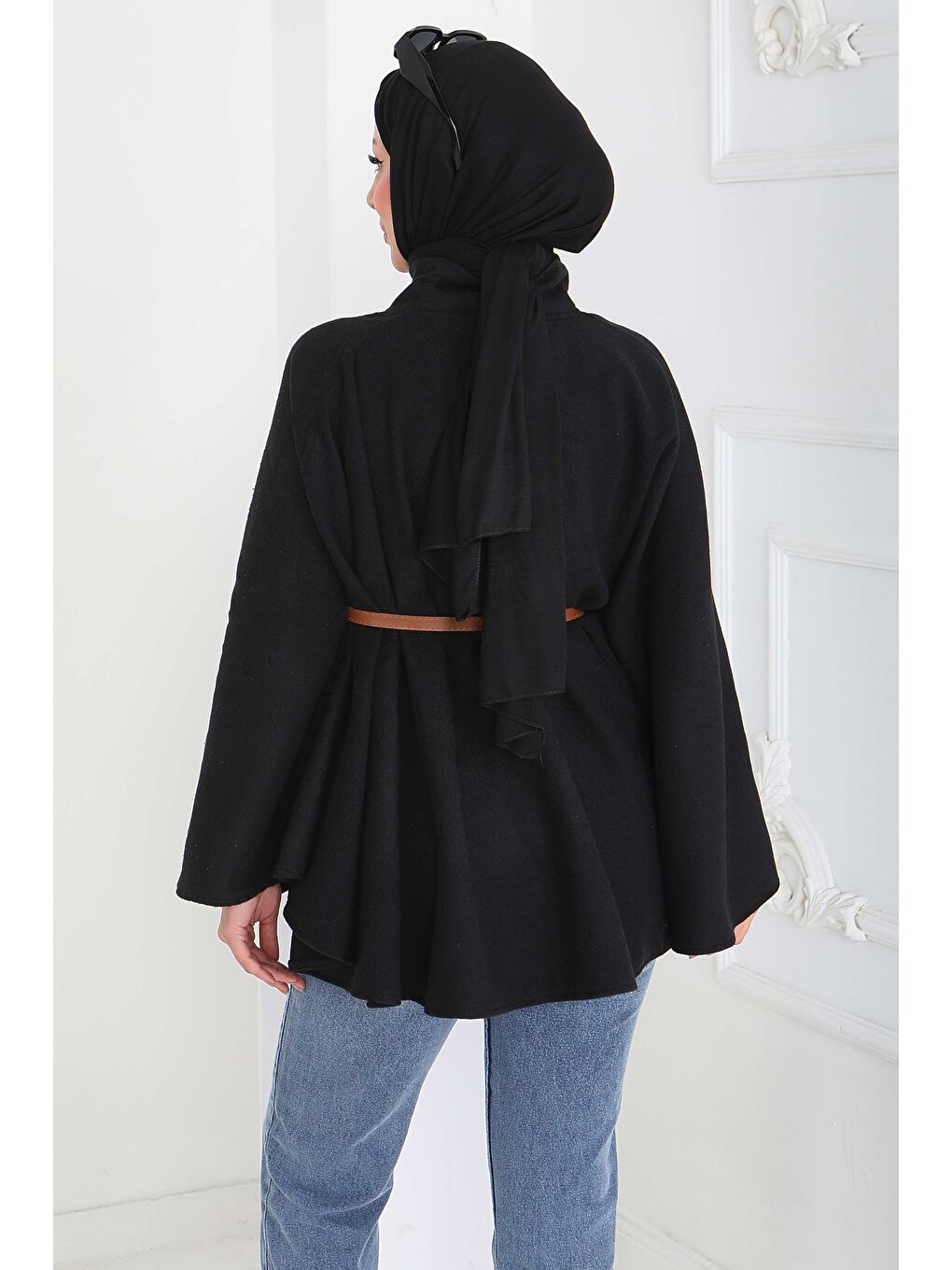 Tek Düğmeli Kemerli Kaşe Panço Siyah - 27918-SIYAH-4