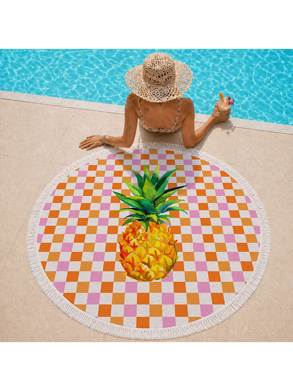 Karışık Turuncu Dama Zeminli Ananas Desenli 150 cm Yuvarlak Plaj Havlusu-1