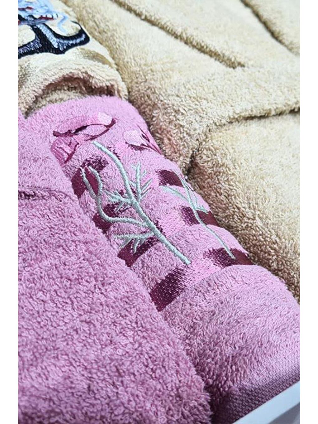 Karışık Çeyizlik Aile Bornoz Seti 4 Parça Gül Kurusu Cappucino-1