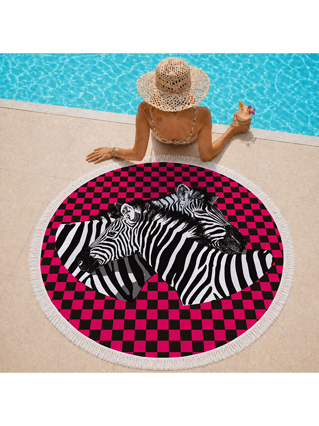 Karışık Kırmızı Dama Zeminli Zebra Desenli 150 cm Yuvarlak Plaj Havlusu-1