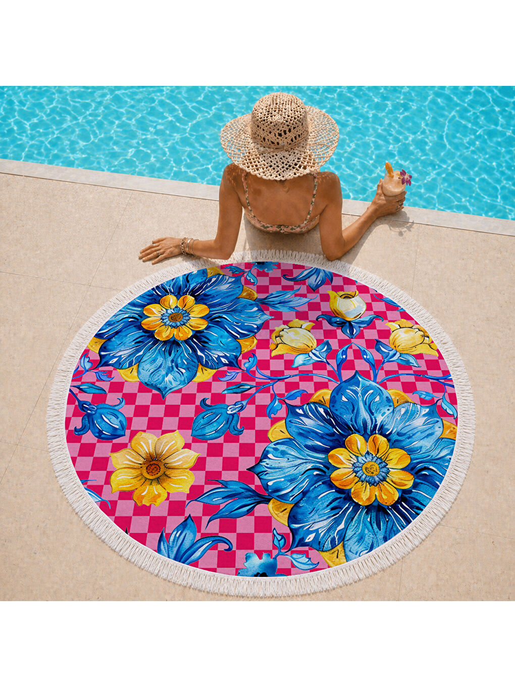 Karışık Pembe Dama Zeminli Mavi Çiçek Desenli 150 cm Yuvarlak Plaj Havlusu-1