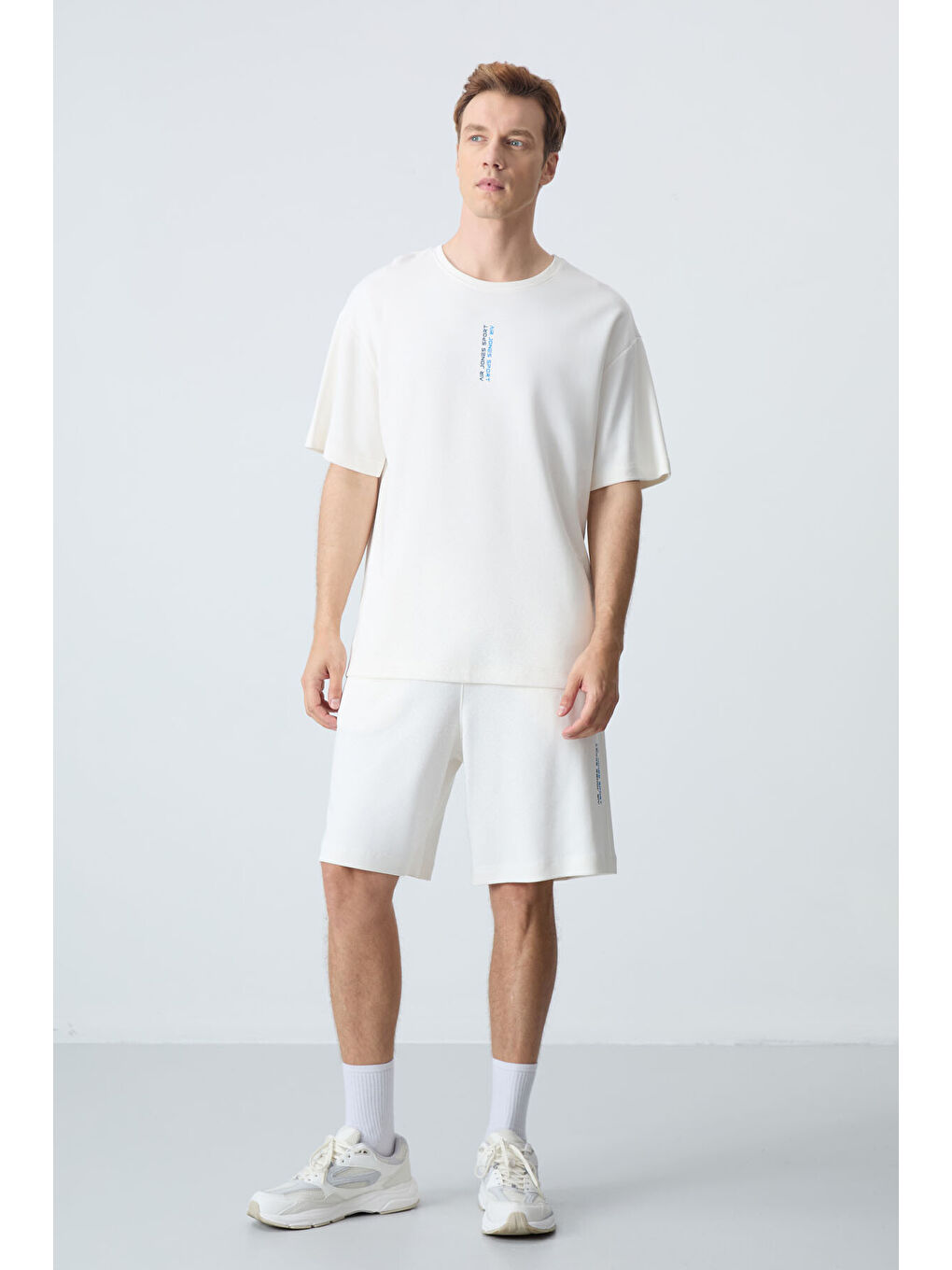 Ekru Pamuklu Kalın Yumuşak Dokulu Oversize Fit Basic Erkek Şort Takım - 85258