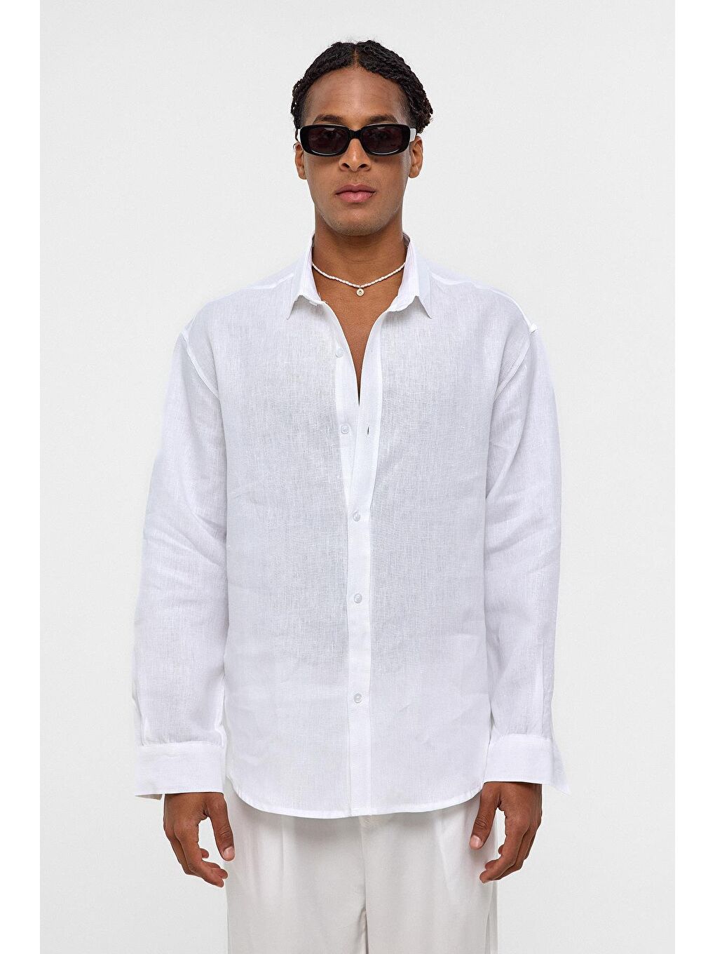 %100 Keten Oversize Uzun Kollu Gömlek Ekru