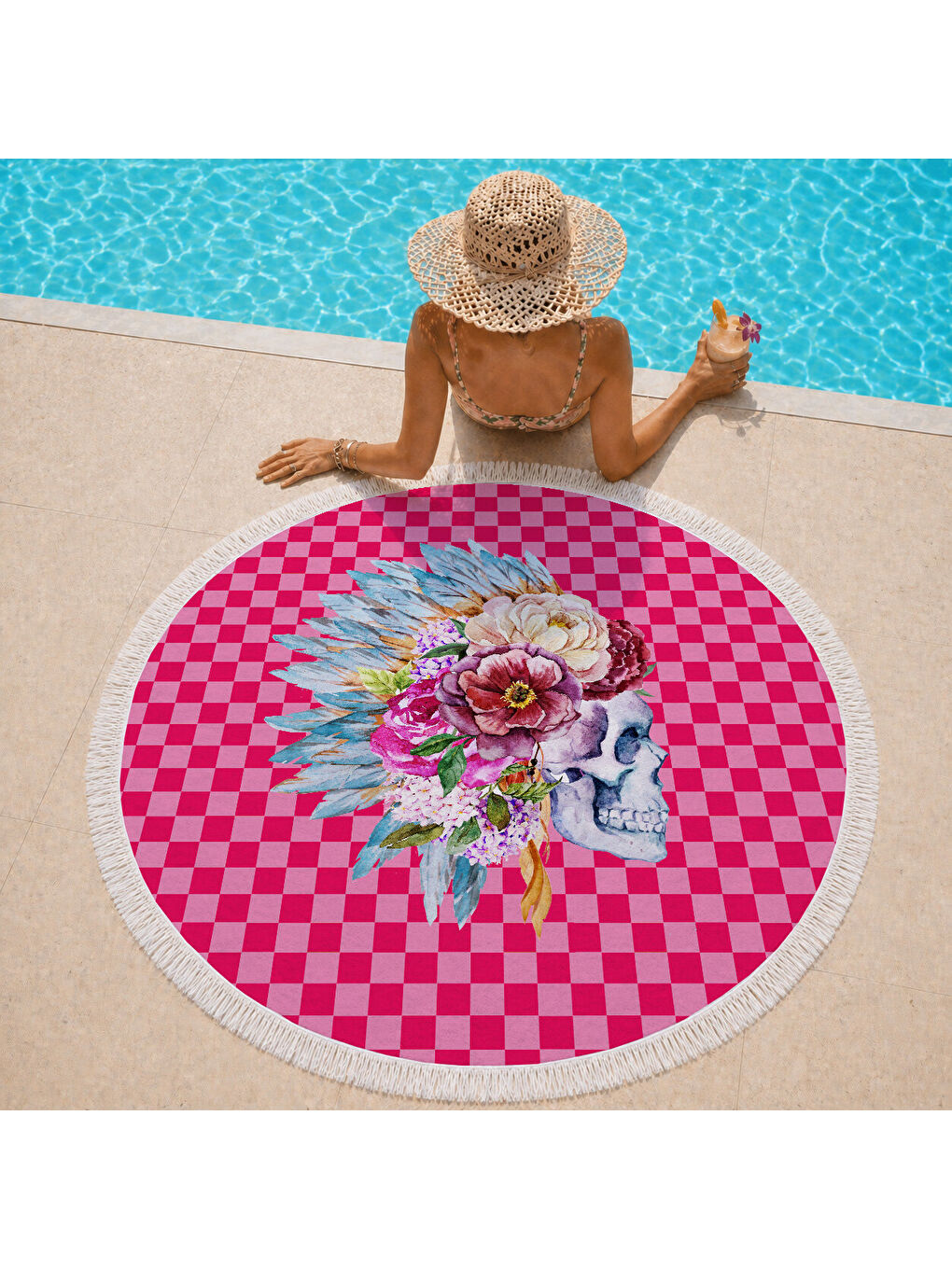 Karışık Pembe Dama Zeminli Egzotik Kurukafa Desenli 150 cm Yuvarlak Plaj Havlusu-1