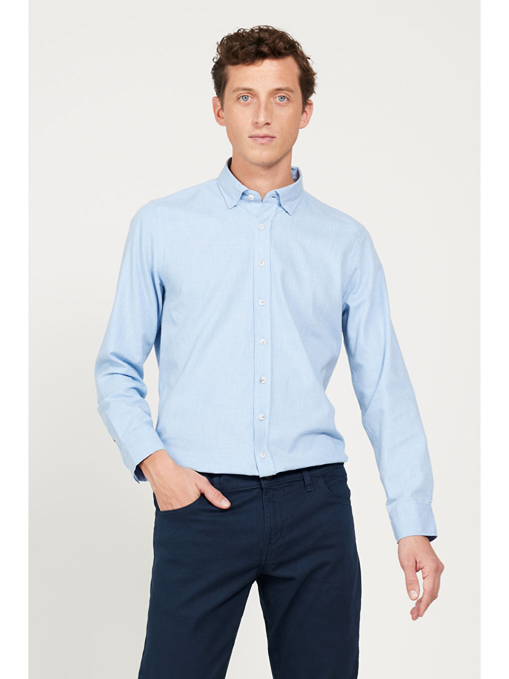 Erkek Açık Mavi Slim Fit Dar Kesim Düğmeli Yaka Flanel Oduncu Kışlık Gömlek