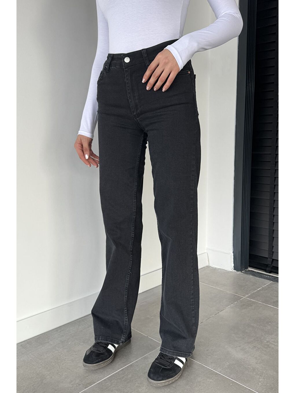 Gri Kadın Yüksek Bel Elastanlı Palazzo Jean Jean Pantolon-2