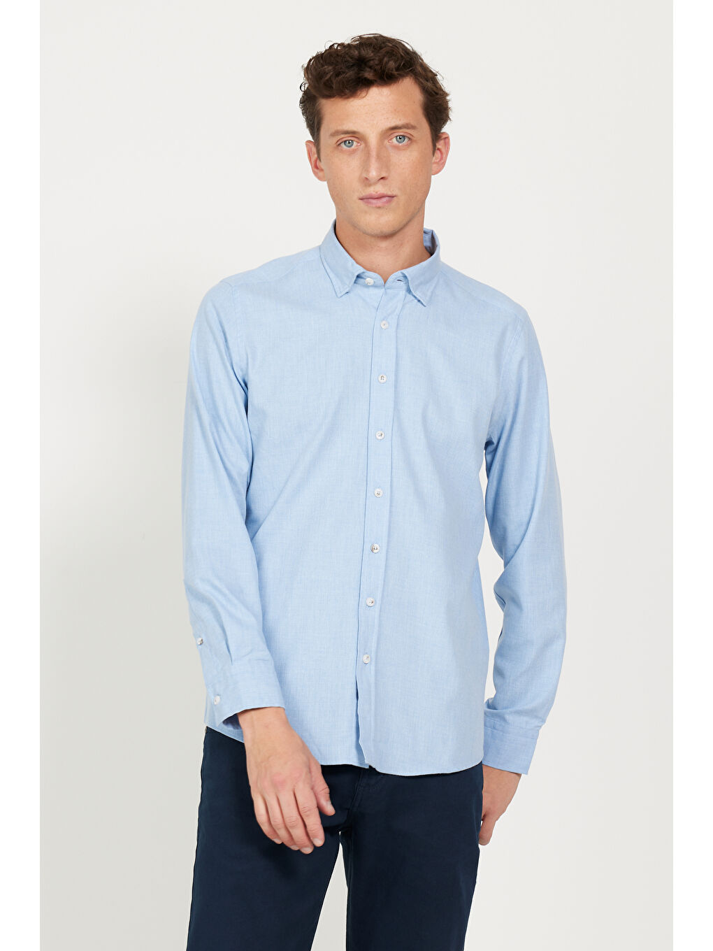 Erkek Açık Mavi Slim Fit Dar Kesim Düğmeli Yaka Flanel Oduncu Kışlık Gömlek-2