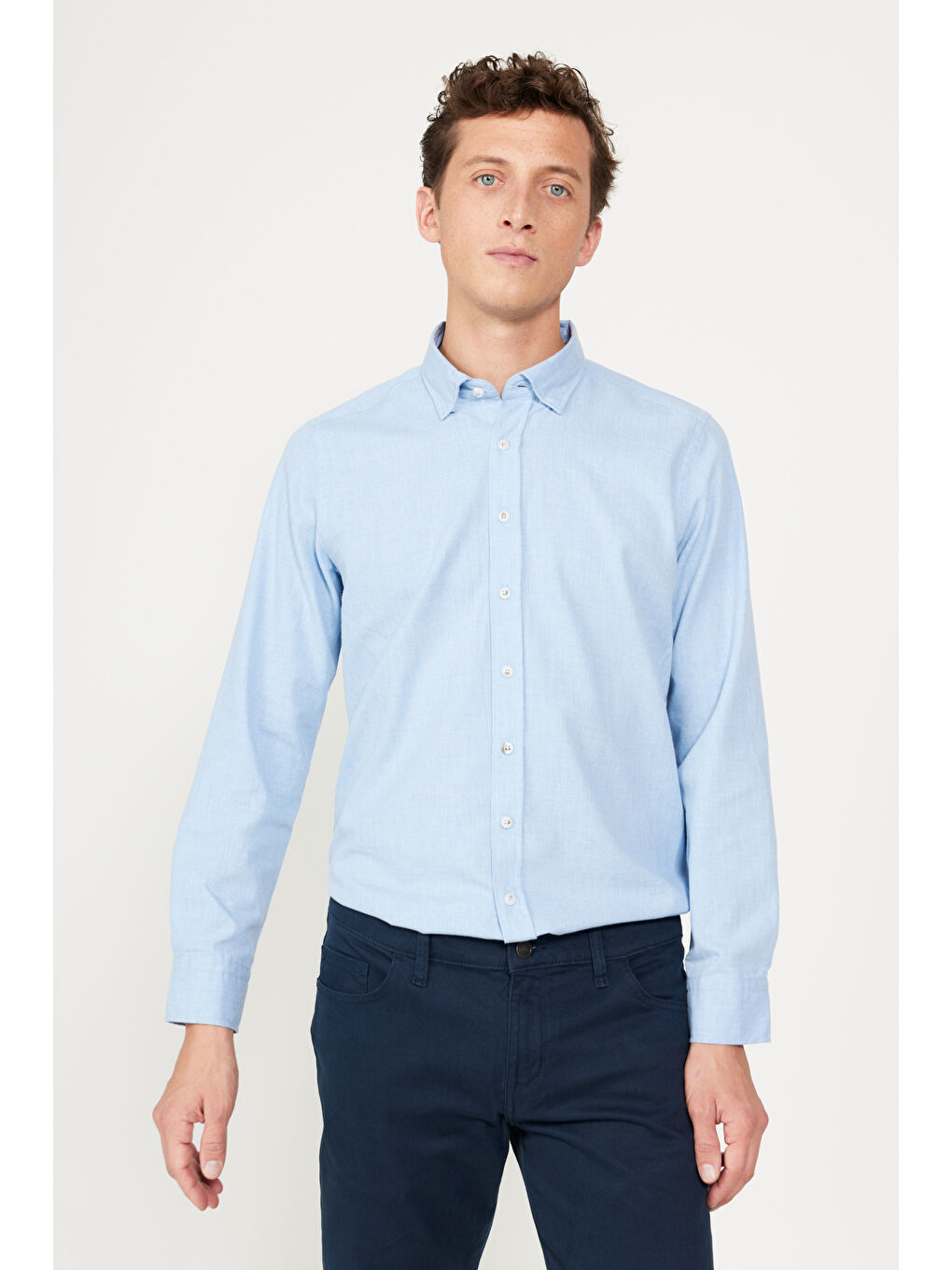 Erkek Açık Mavi Slim Fit Dar Kesim Düğmeli Yaka Flanel Oduncu Kışlık Gömlek-3